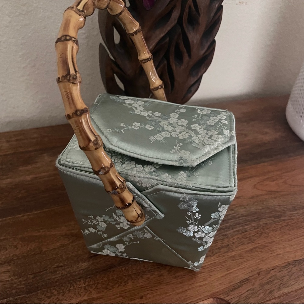 Floral Green Mini Bag with Bamboo Handle